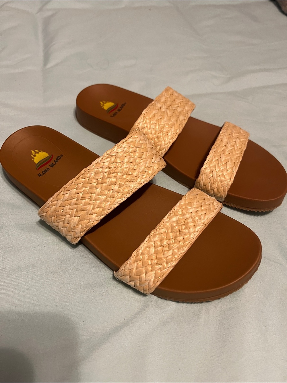 Aloha Island Women's Brown Footbed Slide Sandals with Woven Cream Straps